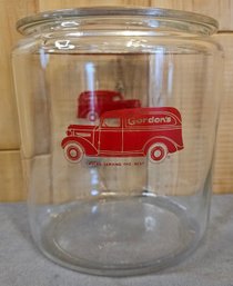 Vintage Gordons Fresh Food Glass Counter Snack Jar W/ Lid Red Truck Logo