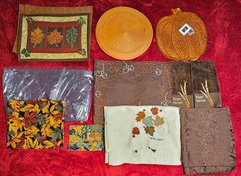 Collection Of Fall Linens Incl Place Mates, Clear Plastic Table Cloths And More