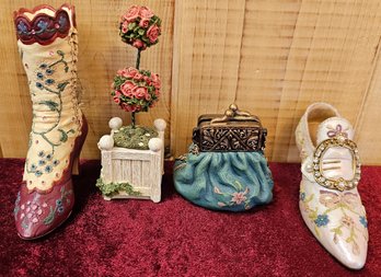 Resin Victorian Shoe Figurines With Handbag And Flower Planter