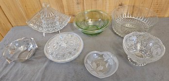 An Assortment Of Vintage Cut Crystal Glass Incl. Candy Dish, Uranium Glass Mixing Bowl And More