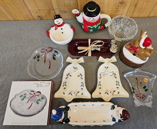 A Collection Of Christmas Kitchen Items Incl. Platters, Dishes, Tea Pot And More