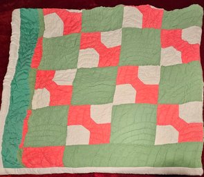 Green White And Red Hand Stitched Quilt