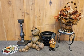 Assortment Of Home Decor Incl A Beaded Homemade Fall Colored Basket, Cast Iron Candlestick