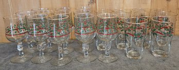 Assortment Of Christmas Glasses And Christmas Goblets With Gold Toned Rim