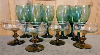 Champane Glasses With Footed Brown Bottoms  Green Wine Goblets With Gold Toned Rim