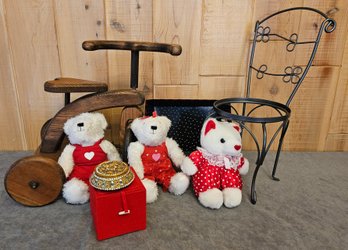 3 Plush White Bears With Pine Wooden Bike, Wire Chair And More