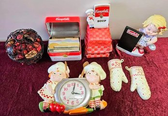 Assortment Of Vintage Campbell Soup Decor Incl. Classic Clock,Recipe Collection, Oven Mitt And More!