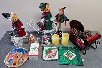 Assortment Of Christmas Decor Wooden Bears, Plush Moose, Hallmark Toy Story Figurine Ornament
