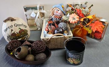 Harvest Decor With Scarecrow , Faux Flowers, Pumpkin And More!