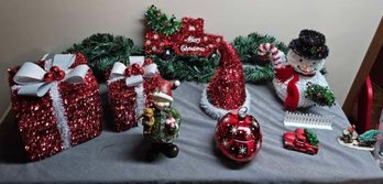 Misc Christmas Decor Incl. Tinsil Presents, Snowman, And More!