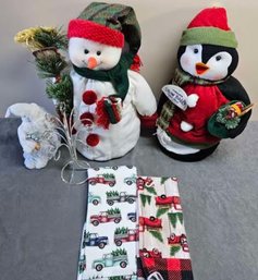 Assortment Of Christmas Decor Incl. Linens, Plush Animals And More!