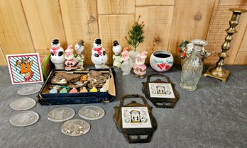 A  Collection Of Vintage Christmas Decor Incl Trivets, Plastic Figurines And More