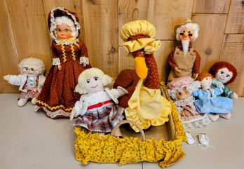 A Precious Collection Of Vintage Homemade Fall Decor Incl. Dolls, Turkey, Basket And More