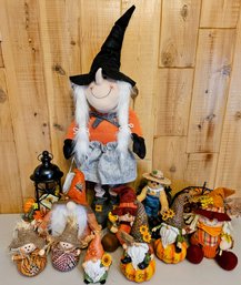A Large Collection Of Harvest Decor Inc. Large Witch, Lantern  And Gnomes And More