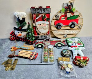 Assort. Christmas Decor Featuring Snowmen, Old Trucks, And Radio Flyer Sled And More