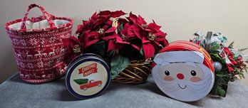 Christmas Decor Incl Poinsette Centerpieces, BRG Tins, And Basket