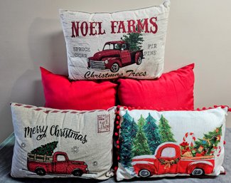 5 Christmas Pillows - 3 With Old Red Truck And 2 Red Accent Pillows