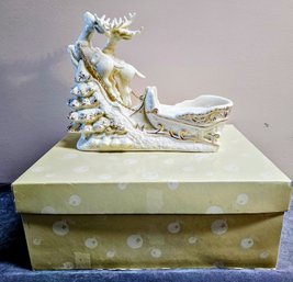Ceramic  Reindeer Pulling Sleigh Figurine  In Velvet Box