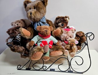 Metal Sleigh With Assort. Of Plush Teddy Bears Incl TY And Bearington Collection And More