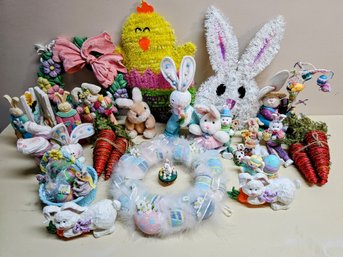 Assort. Of Easter/spring Decor Incl Tinsel Decorations And Resin Figurines And More (see Photos)