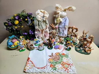 Misc. Easter/spring Decor Incl Wreath, Resin Figurines, Linen Table Runner, Plush Bunnies And More(see Photos)