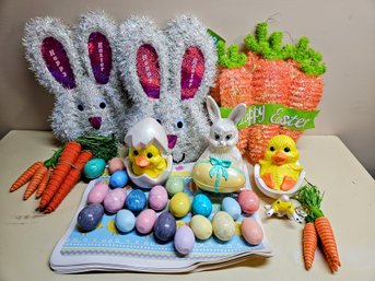 Misc. Easter/spring Decorations Incl Tinsel Wall Decor, Placemats, Ceramic Candy Dishes, And More(see Photos)