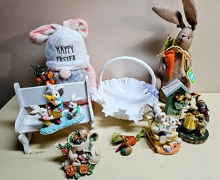 Misc. Easter/spring Decor Incl Plush Gnome, Milk Glass Basket And Resin Figurines
