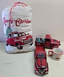 Old Red Truck Christmas Decor Incl Metal Trucks, Mug And Santa Stuff Bag