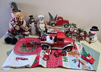 Misc. Christmas Decor Incl Trucks, Resin Figurines, Runners And More