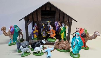 Lighted Wooden Manger With Ceramic Nativity Figurines. All Homemade And Hand Painted