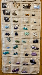 Canvas And Plastic Jewelry Holder With Vintage Earrings And Bracelets  Necklaces See Photos