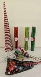 Assortment Of Christmas Decor Incl Tinsel Tree, Decorative Mesh Ribbon & More