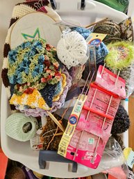 Large Assortment Of Knitting Projects & Supplies Incl Completed & Uncompleted Projects, Needles, Yarn & More