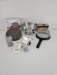 Awesome Kitchen Accessories Including Cast Iron Bacon Press, Pampered Chef Cheese Grater, Strainers And More