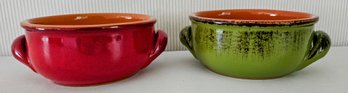 Italian De Silva Pottery Soup Bowls, Red And Green