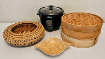 Wicker Rice Steamer With Nesting Baskets And Aroma Electric Rice Cooker