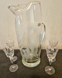 Cute Glass Etched Pitcher With 4 Cordial Etched Glasses