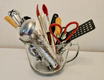 Anchor Hocking Glass Measuring Cup/bowl Of Cooking Utensils Including Hand Mixer, Ladle, Spatulas