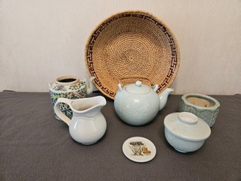 Vintage Woven Basket, Tea Pots, Sugar Dish And More