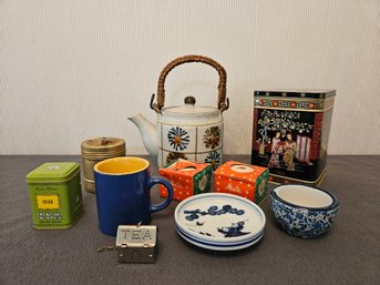 Georgous Unique Ceramic Teapot & Tea Set W/ Vintage Tea Tins, Filters, Diffusers