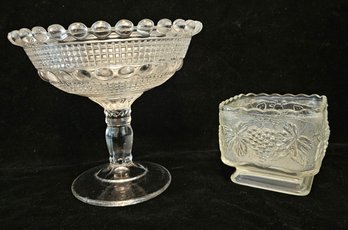 Clear Cut Glass Compote Pedestal Hobnail Edge Candy Glass And Pressed Grapevine Candy Dish