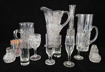 Collection Of Mostly Cut Glass Pitchers, Vases With Etched Cordial Galsses