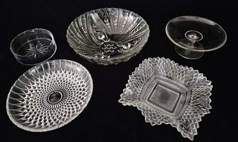 Assortment Of Vintage Decorative Glass Including A Footed Bubble Bowl, Cut Glass Candy Dishes And More