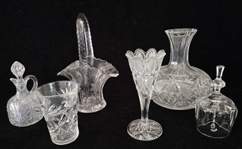 Array Of Crystal And Clear Cut Glass Vases And Decorations Including An Etched Basket, Vase, Bell & Decanters