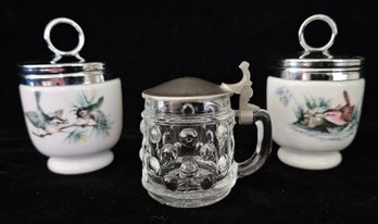 Fun Vintage Set: Royal Worcester Single Egg Coddlers And Lid, Birds Design And BMF Svhnapskrugeri Beer Stein