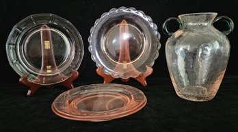 4 Pink Vintage Depression Glass Plates With Pink Vase