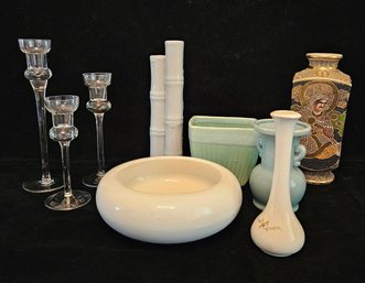 Assorted Asian Decor Including Vases And Candle Holders Including Glass Candlesticks, White Bamboo Vase