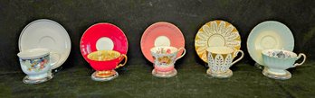 Beautiful Assortment Of 5 Gold Rimmed  Tea Cups & Saucers