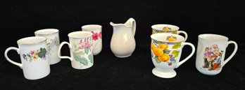 Assortment Of  Floral  & Fruit Coffee Cups (mostly Bone China) And Creamer