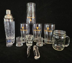 Bar Essentials Including Glass Shaker, Guiness Pint Glasses, , Mug Shot Glasses, And Mug